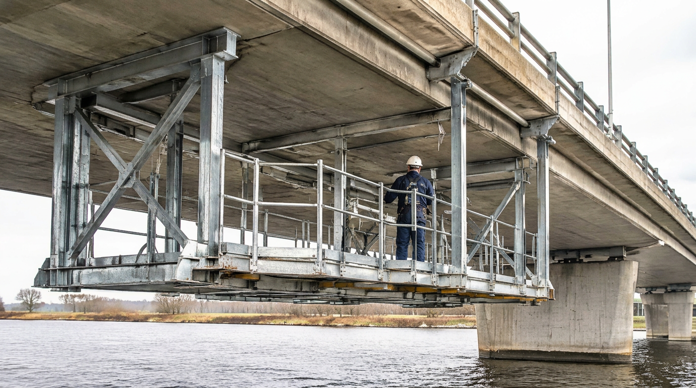 Hangend werkplatform onder een brugdek boven water