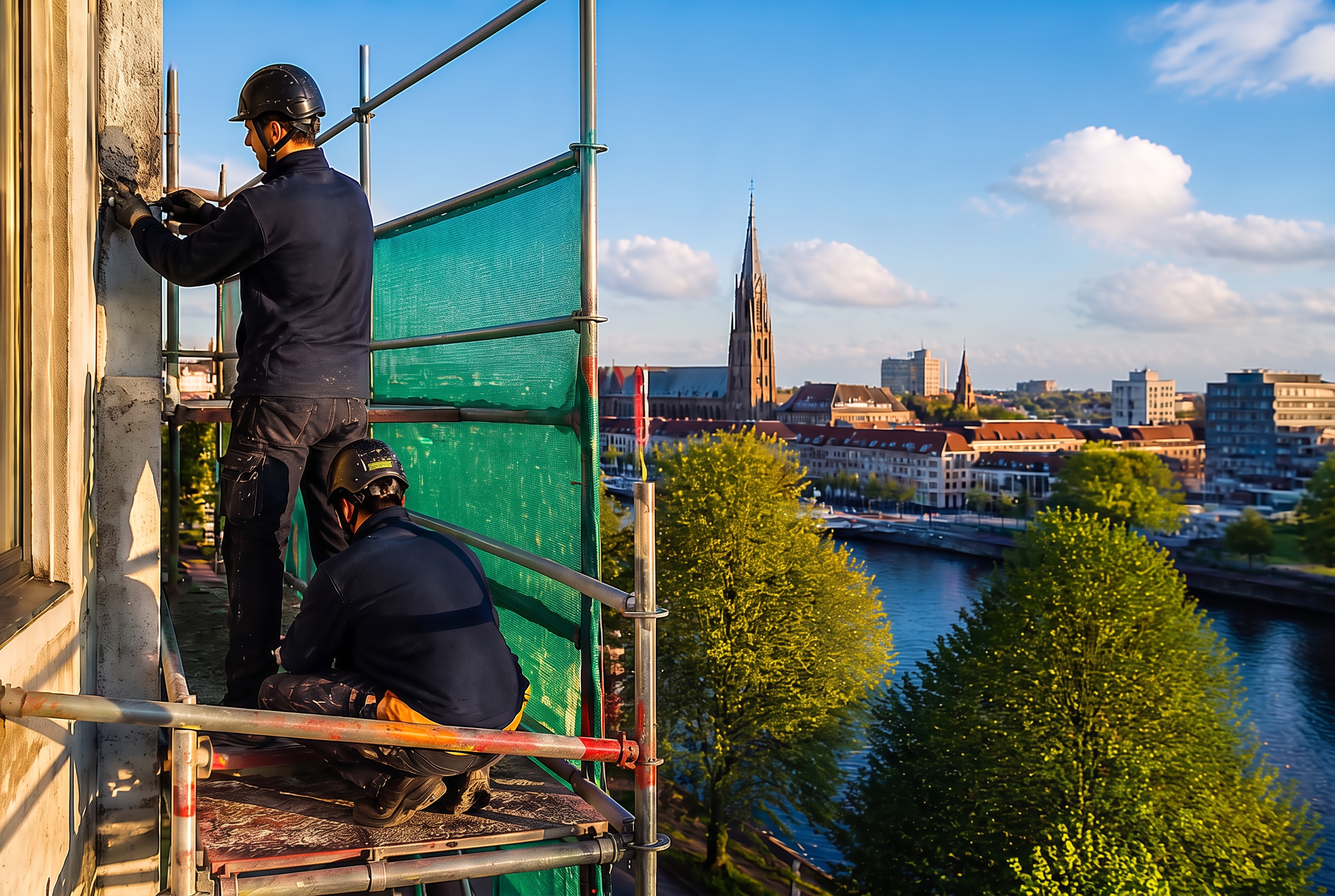 Renovatiewerkzaamheden aan een betonnen gevel van een hoog woongebouw