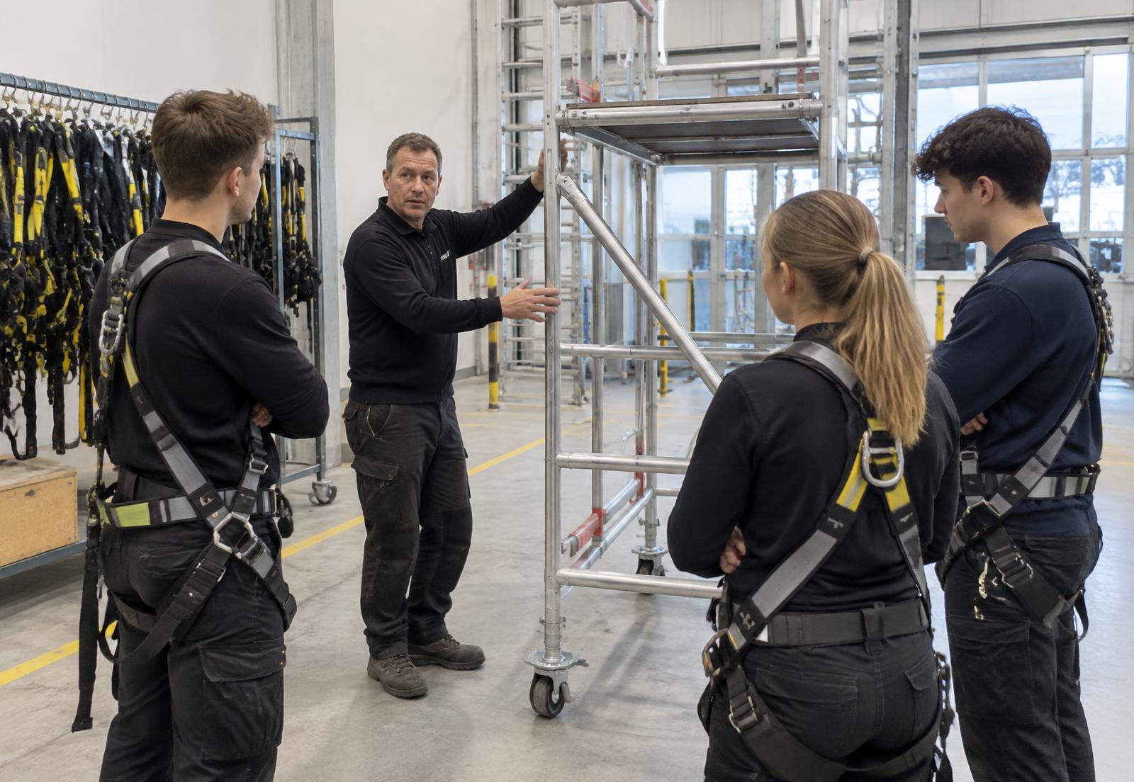 Instructeur legt veilig werken op hoogte uit aan cursisten